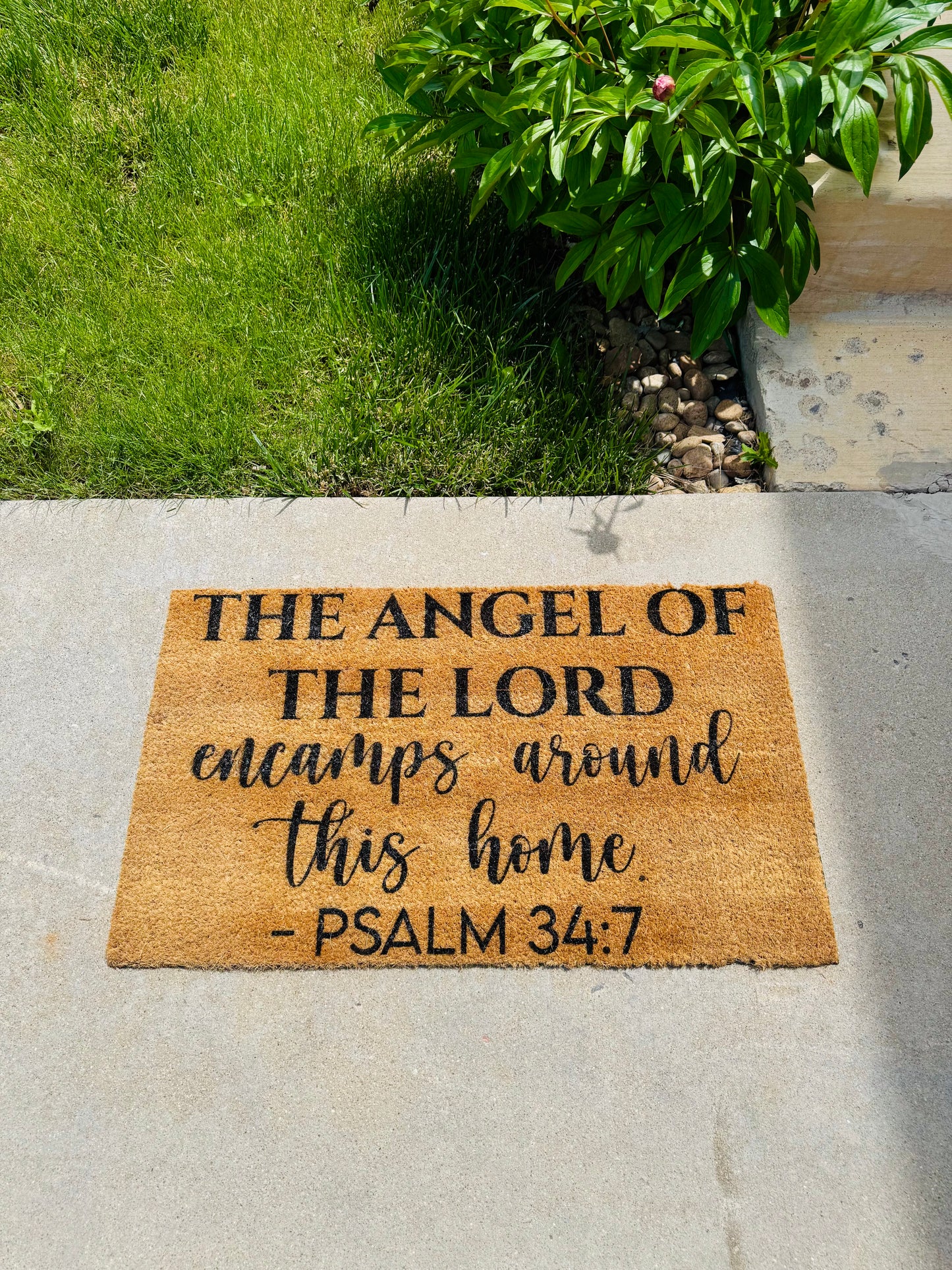 THE ANGEL OF THE LORD encamps around this home PSALM 34:7 18x30 Doormat
