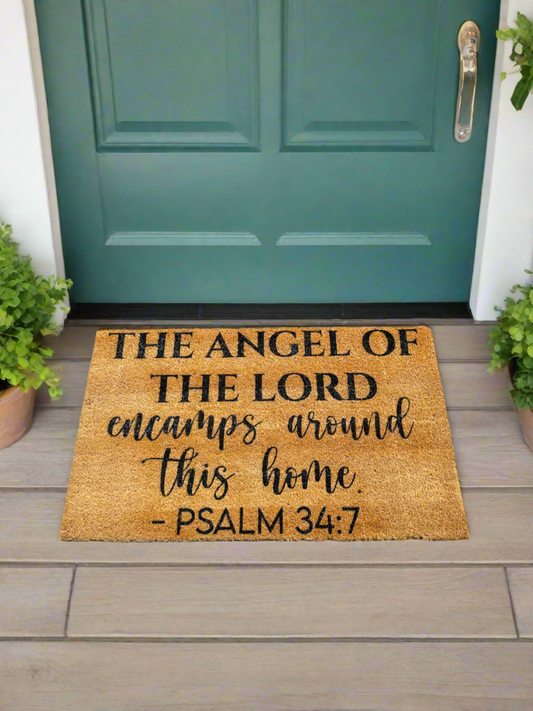 THE ANGEL OF THE LORD encamps around this home PSALM 34:7 18x30 Doormat